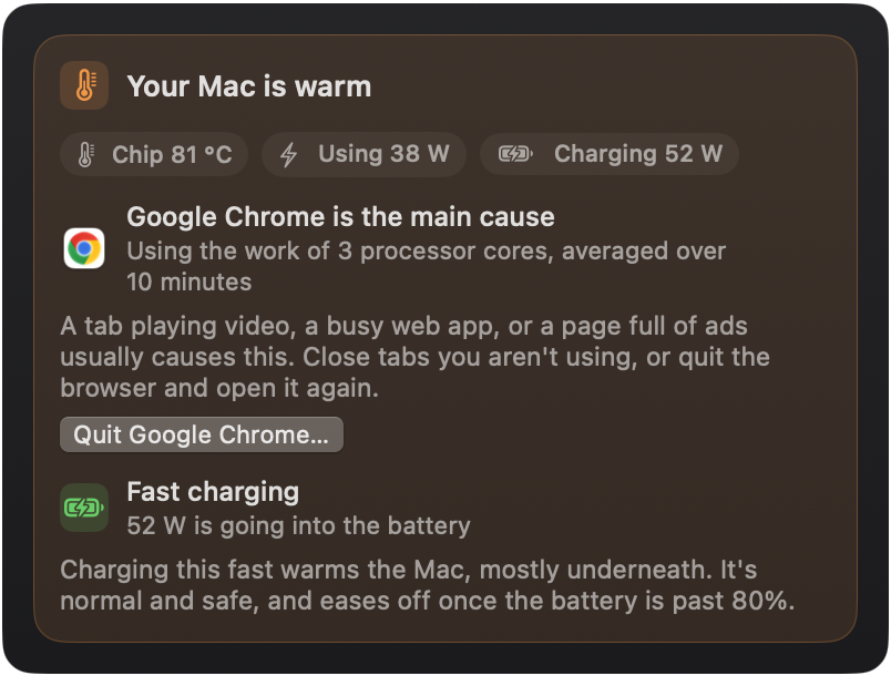 Your Mac is warm: chip at 81 °C, Google Chrome is the main cause, fast charging adds heat
